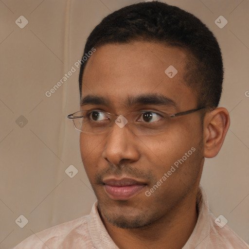 Neutral black young-adult male with short  black hair and brown eyes