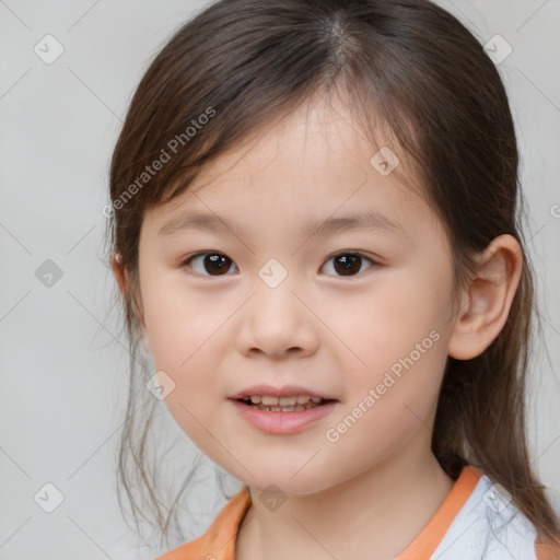 Joyful white child female with medium  brown hair and brown eyes