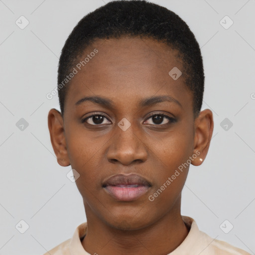 Neutral black young-adult female with short  black hair and brown eyes