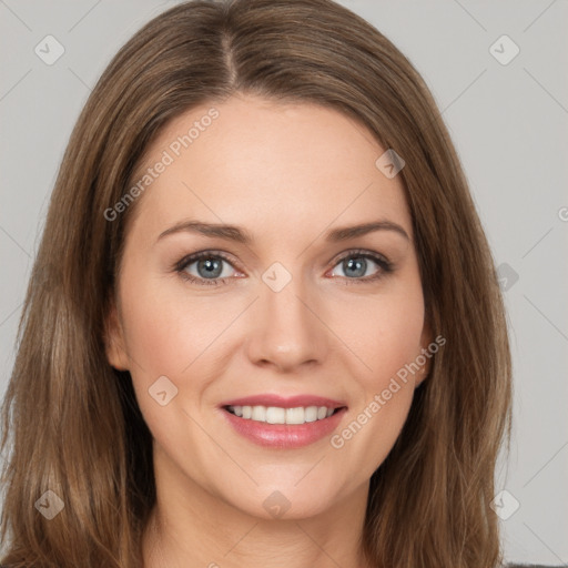 Joyful white young-adult female with long  brown hair and green eyes