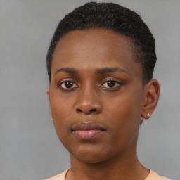 Neutral black young-adult female with short  black hair and brown eyes