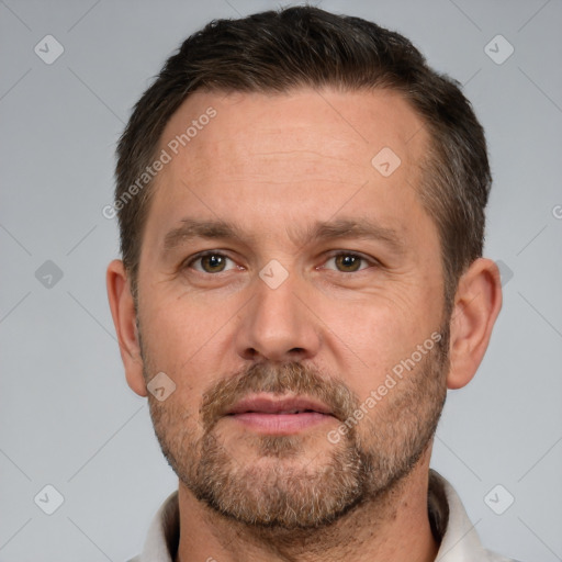 Neutral white adult male with short  brown hair and brown eyes