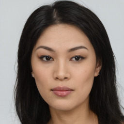 Neutral asian young-adult female with long  brown hair and brown eyes