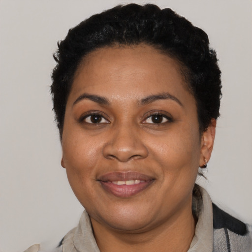 Joyful black adult female with short  black hair and brown eyes