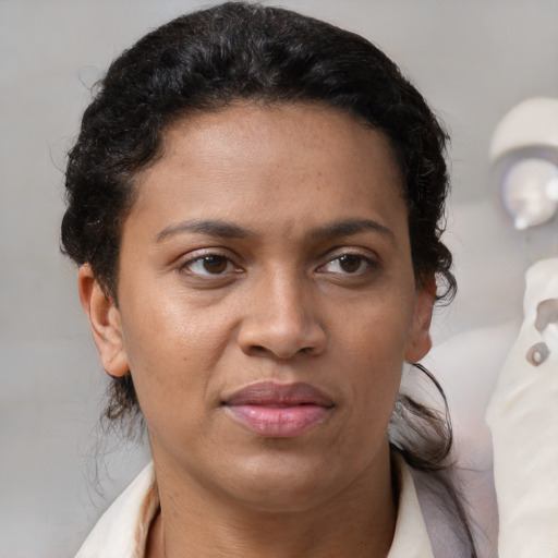 Joyful latino adult female with short  brown hair and brown eyes