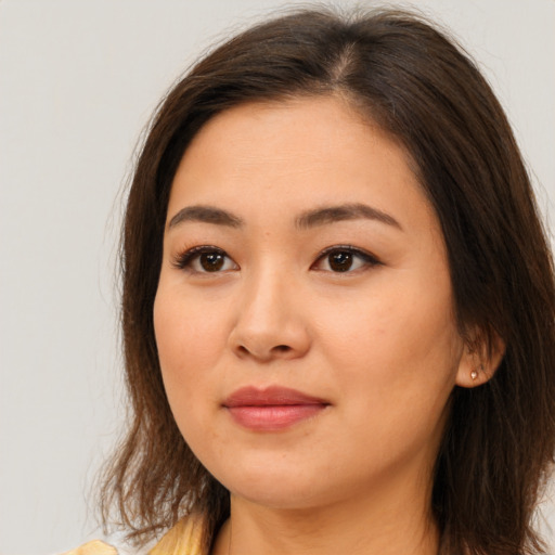 Neutral asian young-adult female with long  brown hair and brown eyes