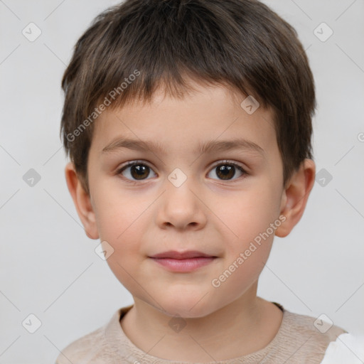 Joyful white child male with short  brown hair and brown eyes