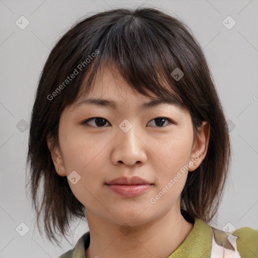 Neutral white young-adult female with medium  brown hair and brown eyes