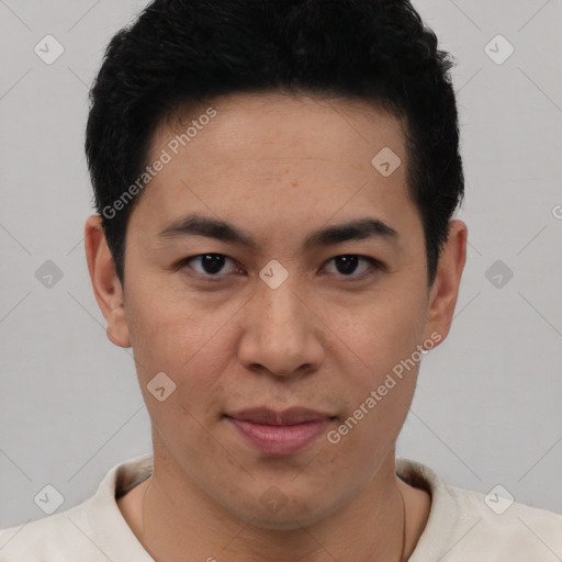 Joyful latino young-adult male with short  brown hair and brown eyes