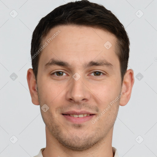 Joyful white young-adult male with short  brown hair and brown eyes