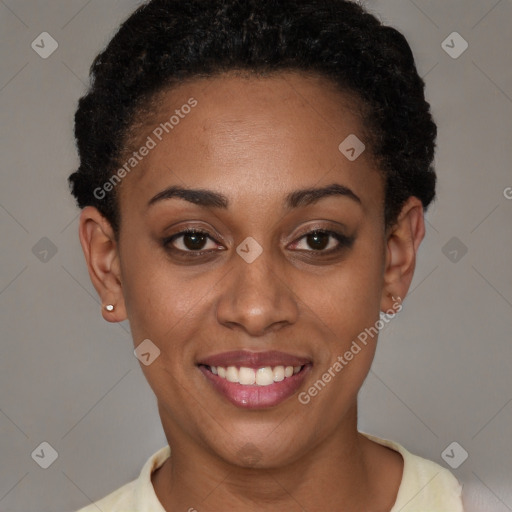 Joyful latino young-adult female with short  black hair and brown eyes