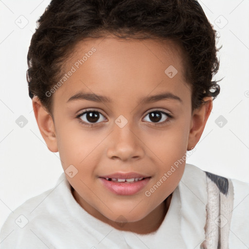 Joyful white child female with short  brown hair and brown eyes