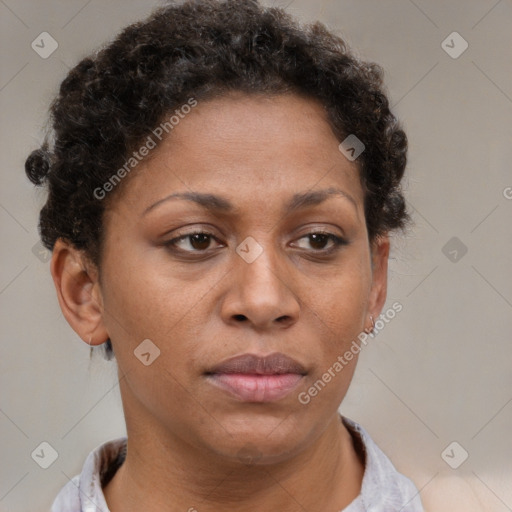 Neutral black adult female with short  brown hair and brown eyes