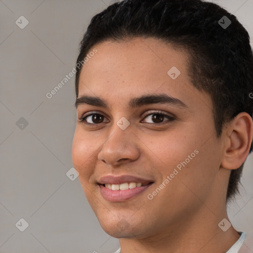 Joyful white young-adult female with short  brown hair and brown eyes