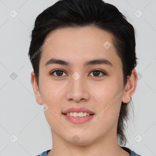 Joyful white young-adult female with medium  brown hair and brown eyes