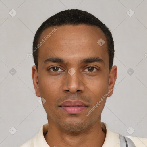Neutral latino young-adult male with short  black hair and brown eyes