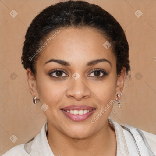 Joyful latino young-adult female with short  brown hair and brown eyes