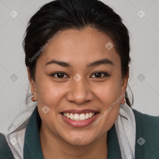 Joyful asian young-adult female with medium  brown hair and brown eyes