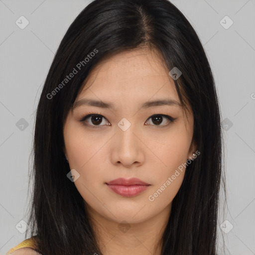 Neutral asian young-adult female with long  brown hair and brown eyes