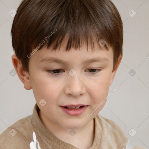 Joyful white child male with short  brown hair and brown eyes