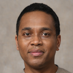 Joyful black adult male with short  black hair and brown eyes