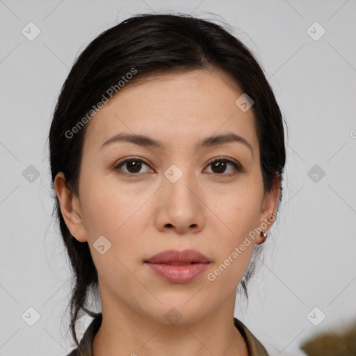 Neutral white young-adult female with medium  brown hair and brown eyes