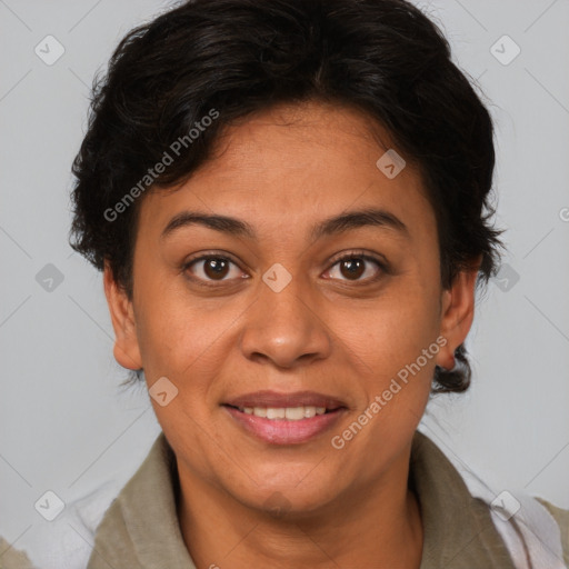 Joyful latino young-adult female with short  brown hair and brown eyes