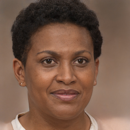 Joyful black adult female with short  brown hair and brown eyes