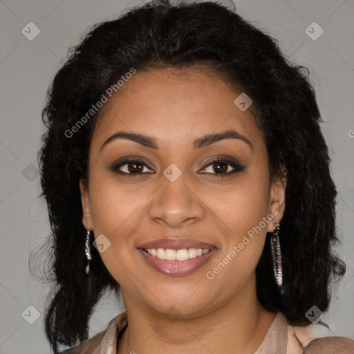 Joyful latino young-adult female with long  brown hair and brown eyes