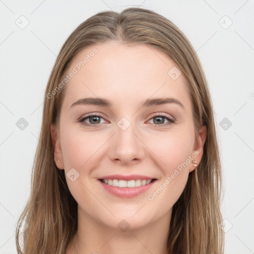 Joyful white young-adult female with long  brown hair and grey eyes