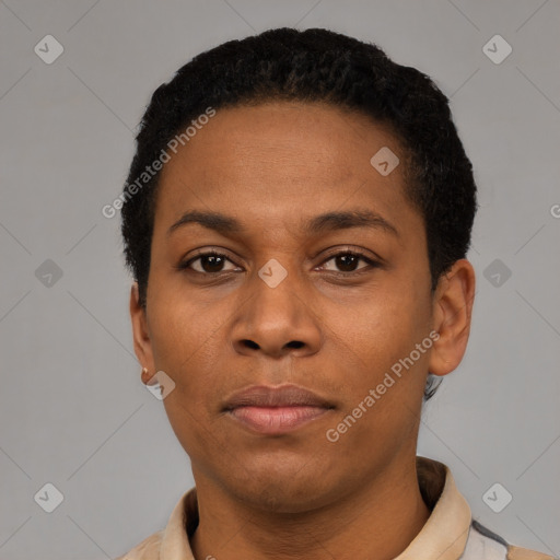 Neutral latino young-adult female with short  black hair and brown eyes