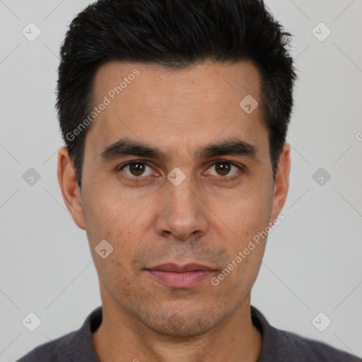 Neutral white adult male with short  black hair and brown eyes