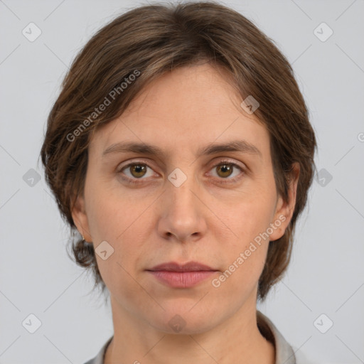 Neutral white young-adult female with medium  brown hair and brown eyes