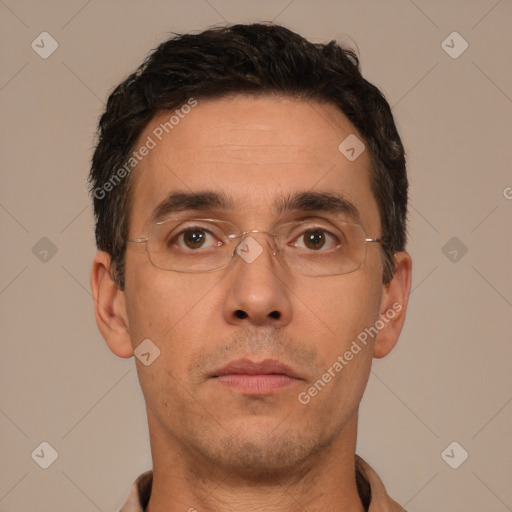 Neutral white adult male with short  brown hair and brown eyes