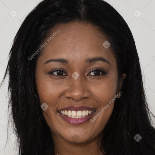 Joyful asian young-adult female with long  black hair and brown eyes