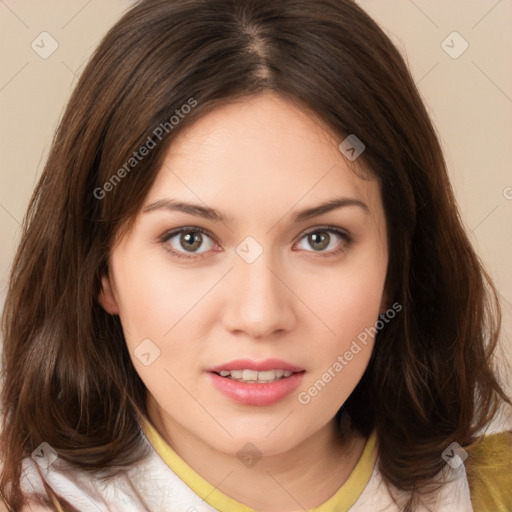 Neutral white young-adult female with medium  brown hair and brown eyes