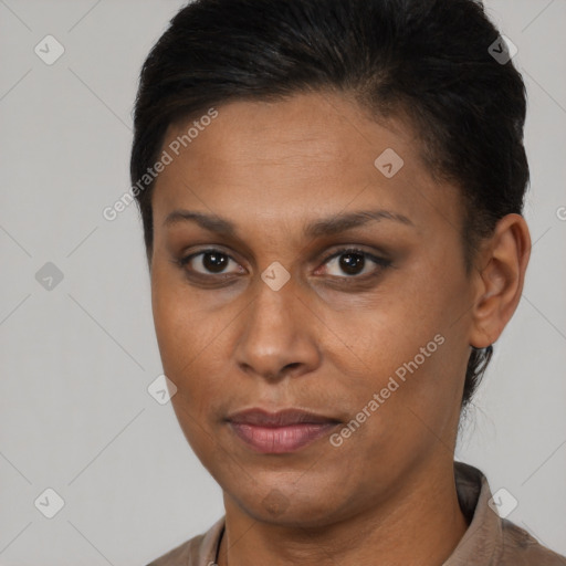 Neutral black young-adult female with short  brown hair and brown eyes