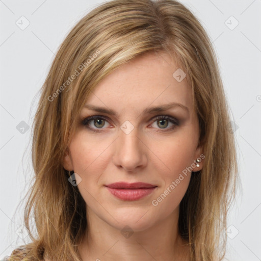 Joyful white young-adult female with medium  brown hair and green eyes