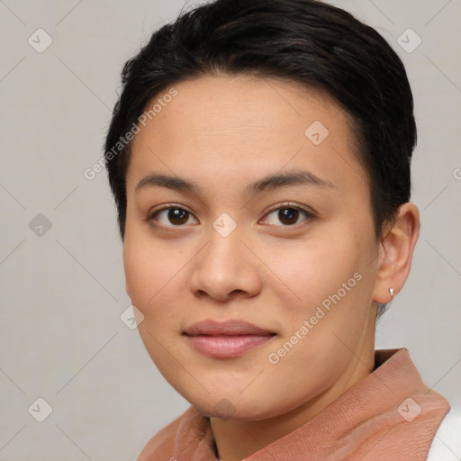 Joyful white young-adult female with short  brown hair and brown eyes