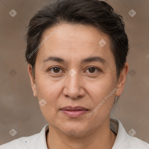 Joyful white adult female with short  brown hair and brown eyes