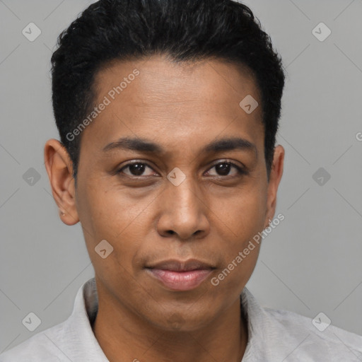 Joyful black young-adult male with short  black hair and brown eyes