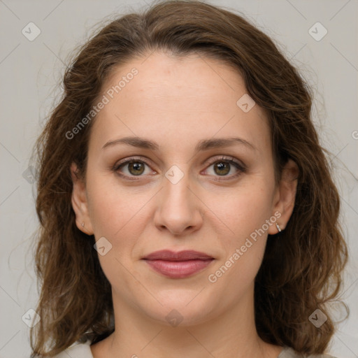 Joyful white young-adult female with medium  brown hair and green eyes