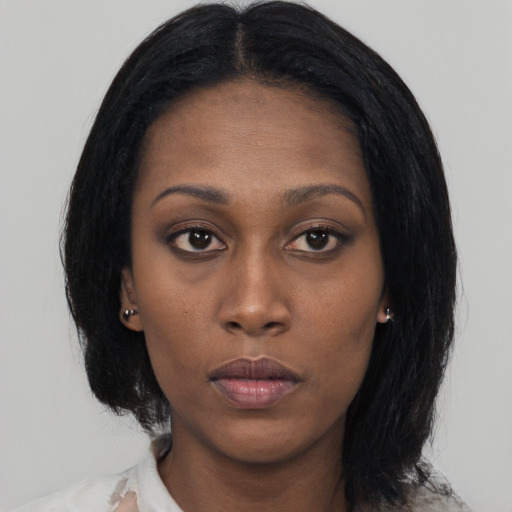 Neutral black young-adult female with medium  black hair and brown eyes