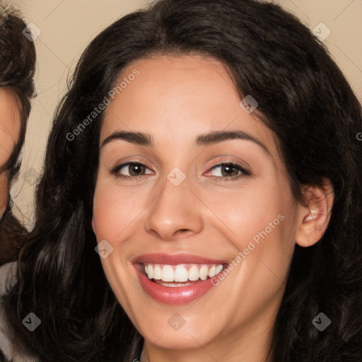 Joyful white young-adult female with medium  brown hair and brown eyes