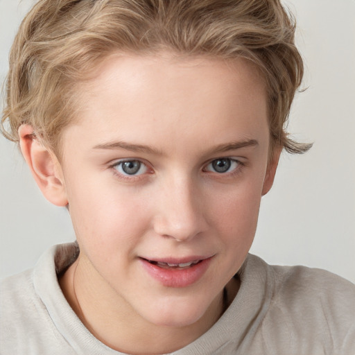 Joyful white young-adult female with short  brown hair and blue eyes