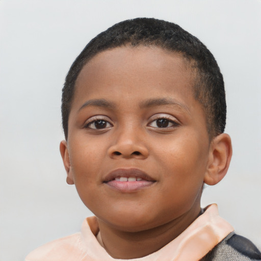 Joyful black child female with short  brown hair and brown eyes