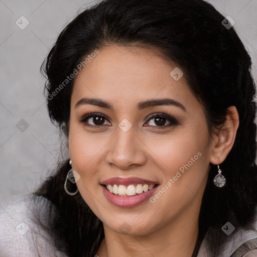 Joyful white young-adult female with long  black hair and brown eyes