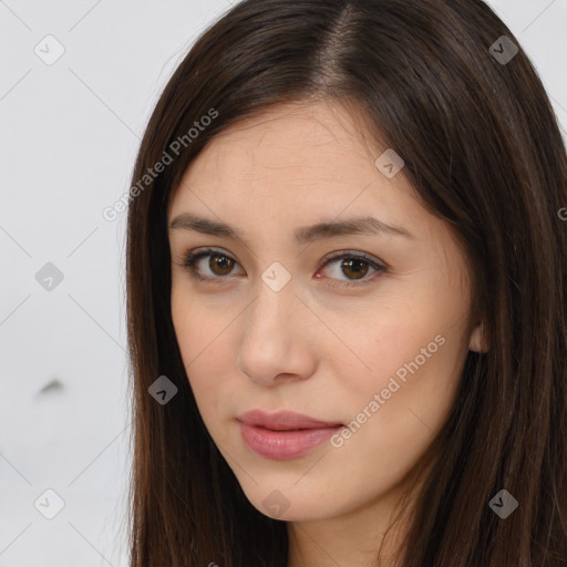 Neutral white young-adult female with long  brown hair and brown eyes