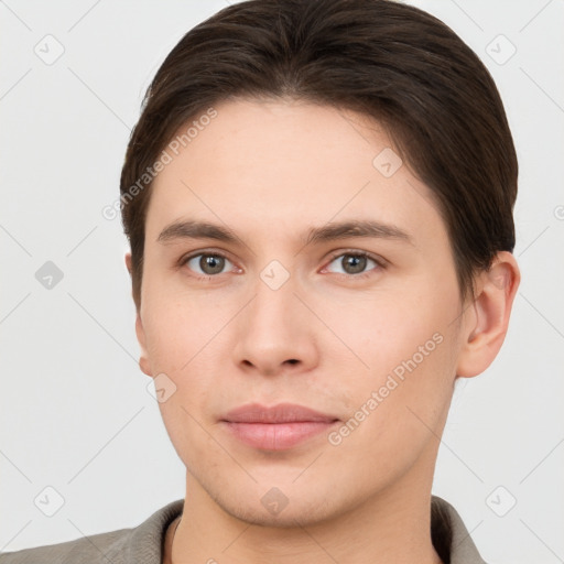 Neutral white young-adult male with short  brown hair and brown eyes