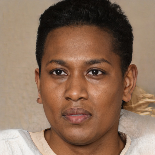 Neutral black young-adult male with short  black hair and brown eyes